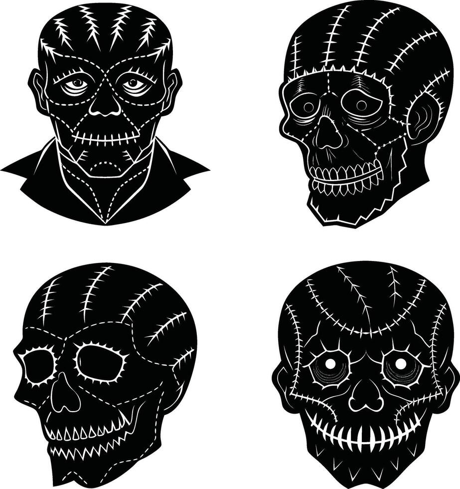 Black and white line art illustration of halloween zombie and skull heads vector