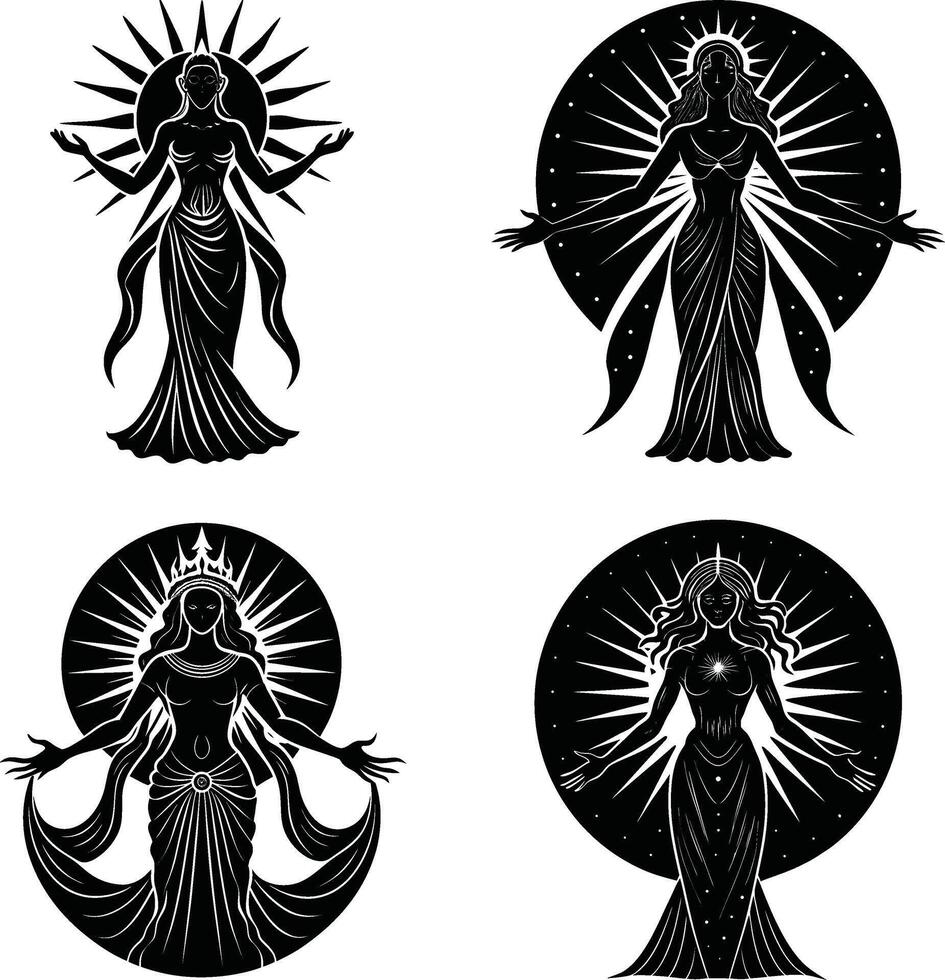 Goddess figures in black and white illustration decorative set vector