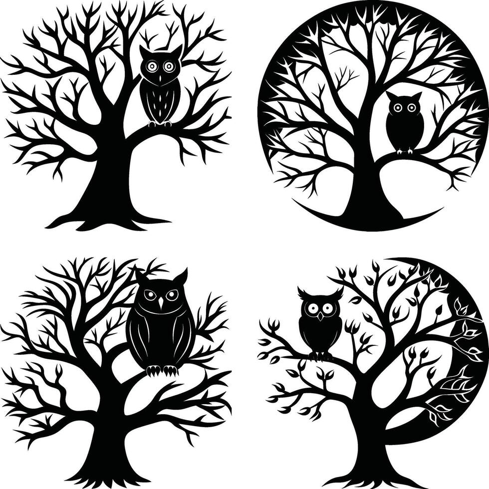 Illustration of owls silhouettes sitting on bare trees against white background vector