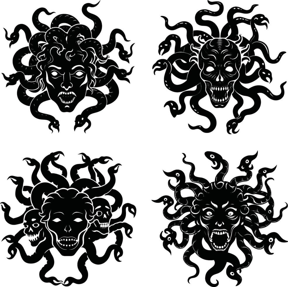 Medusa heads and skulls black and white illustration set vector