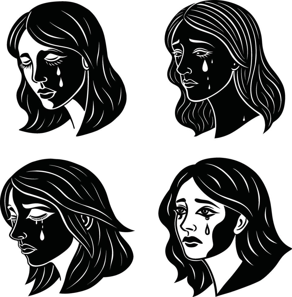 Illustration of four crying women faces in black and white style vector