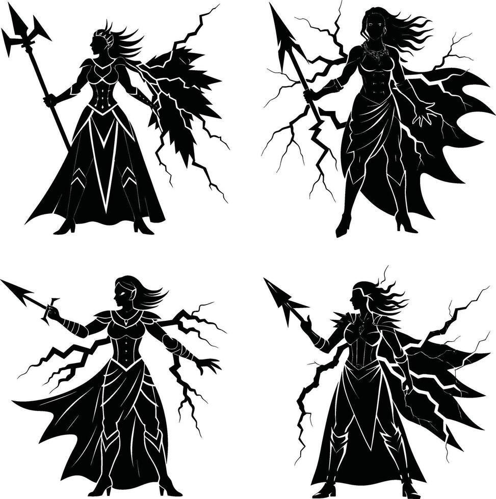 Illustration of powerful warrior goddesses with spear and lightning vector