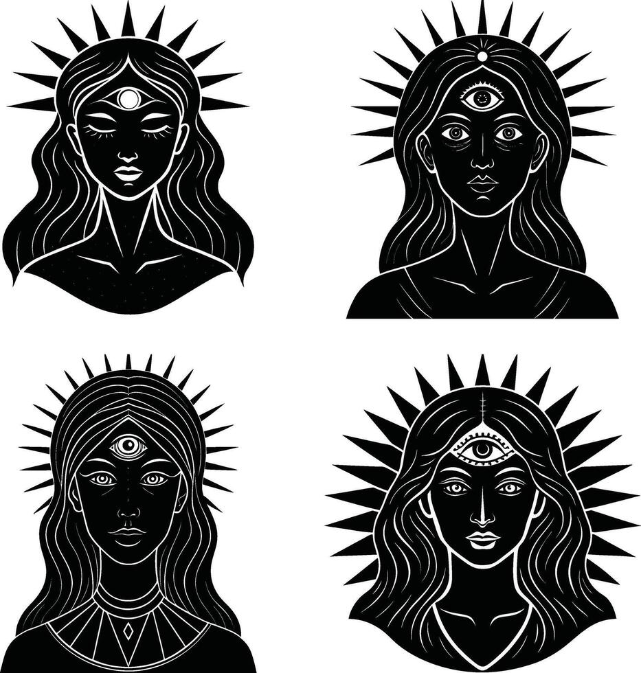 Black and white mystical woman third eye illustration set vector