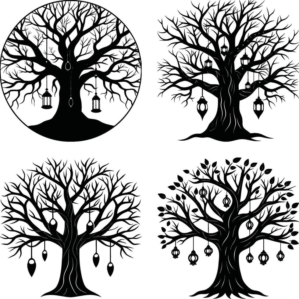 Black silhouette trees with lanterns illustration set for design vector
