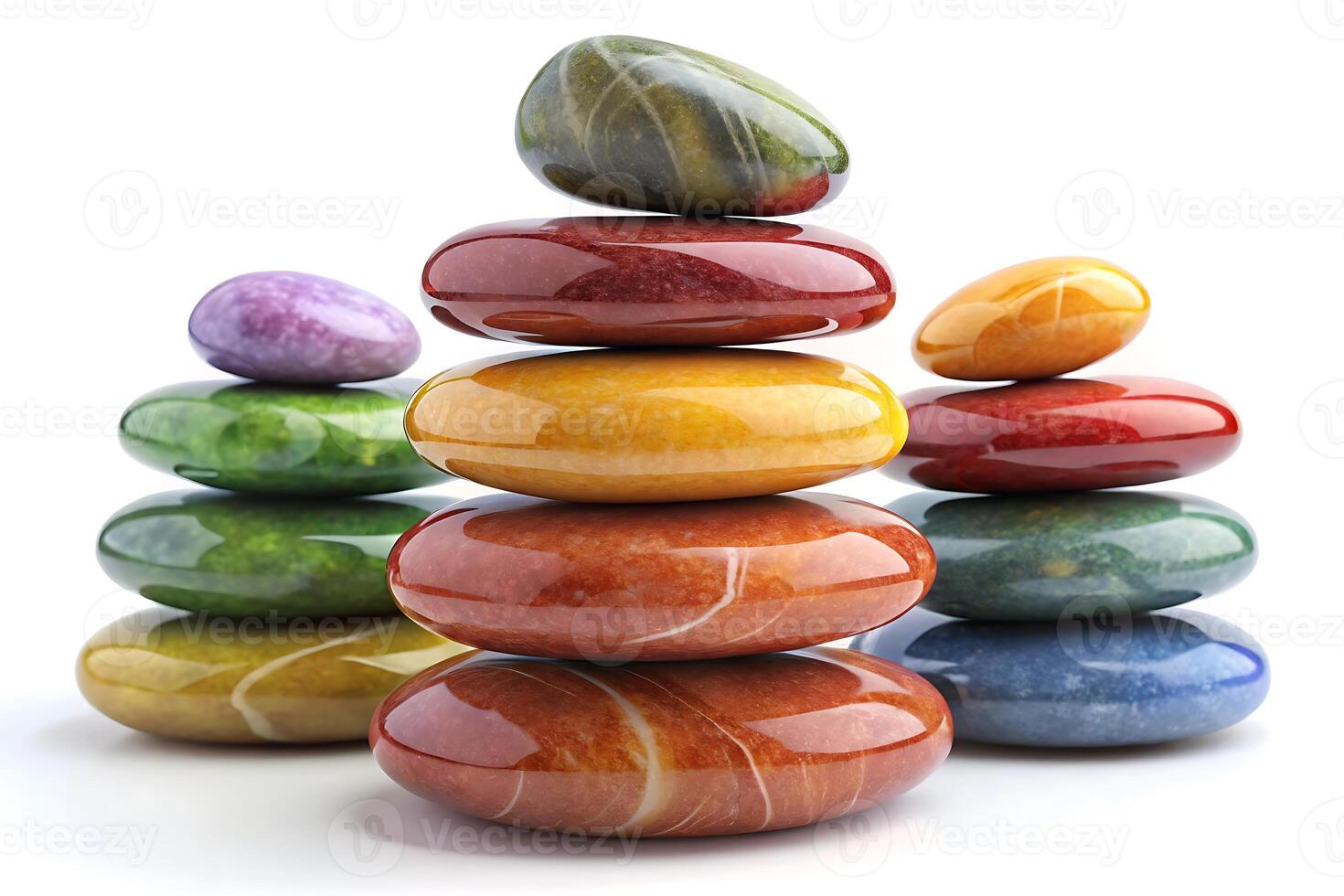 A stack of colorful polished stones arranged in a balanced and serene manner, showcasing their vibrant hues and smooth textures. photo
