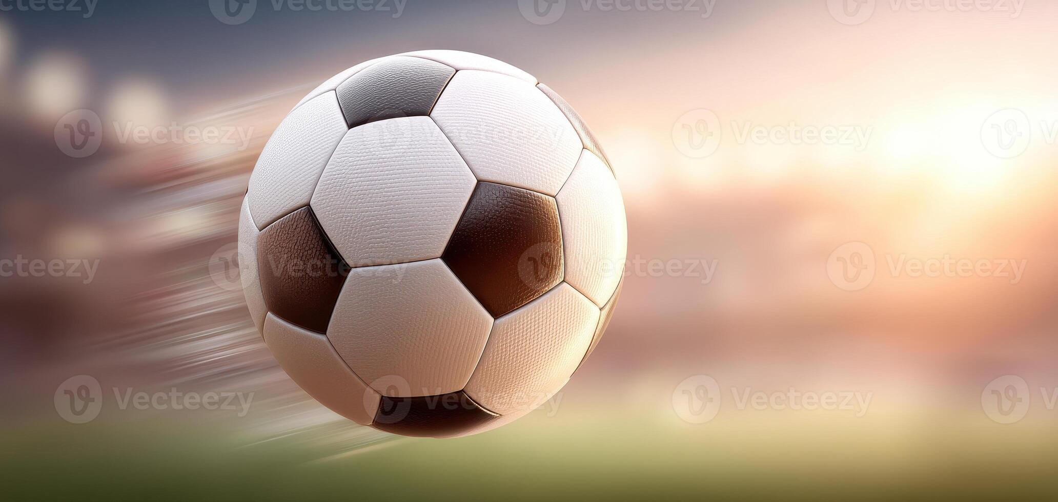 Soccer ball flying fast with motion blur effect in stadium during sunset, capturing dynamic energy and excitement of game photo