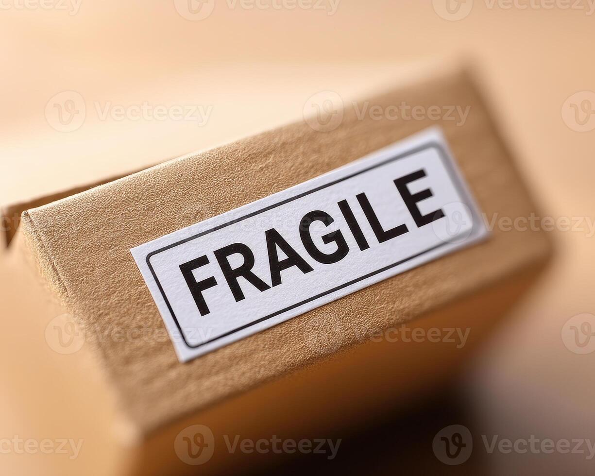 Fragile label on brown cardboard box closeup, emphasizing careful handling and delicate contents in warm lighting photo