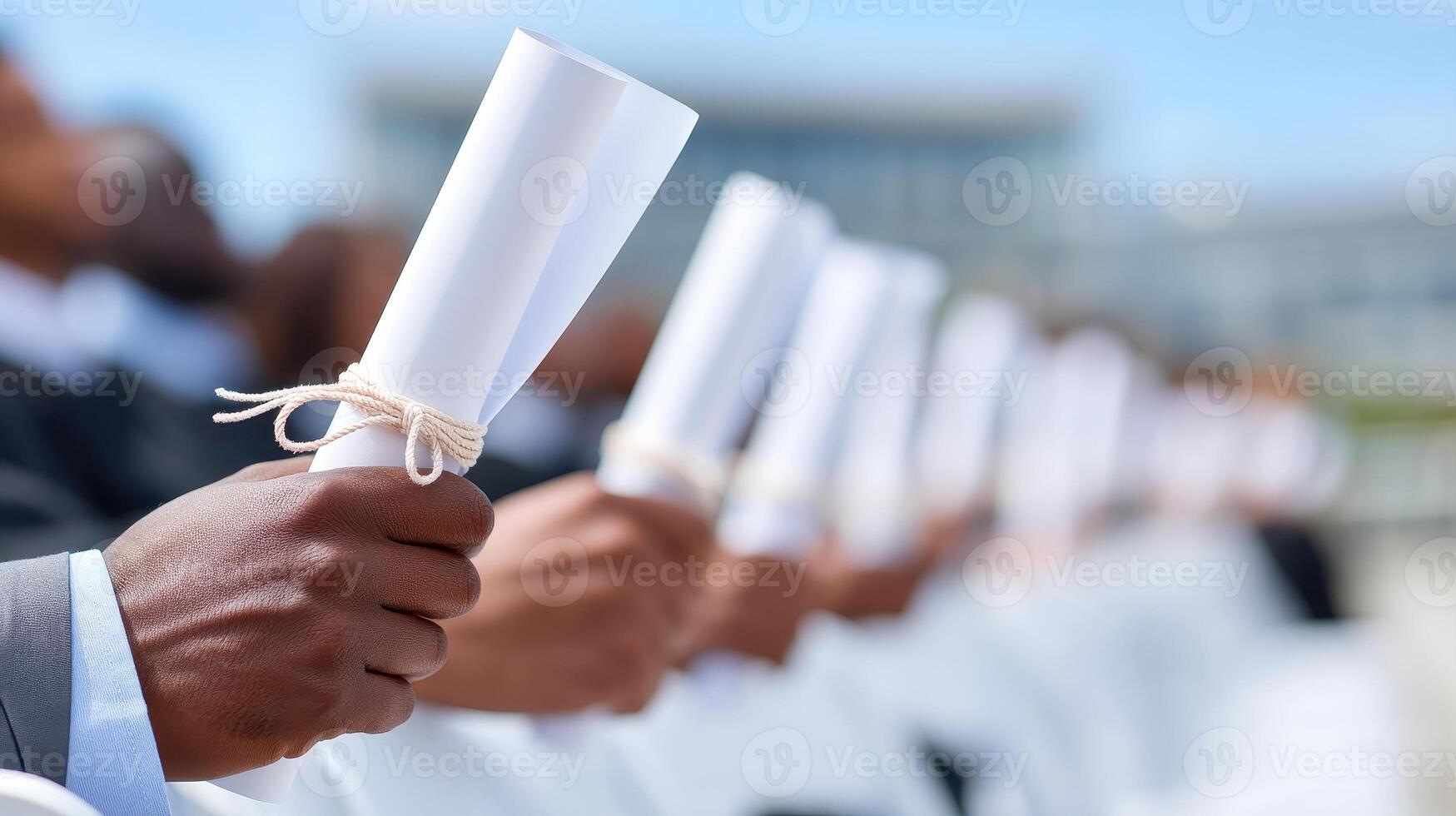 Closeup of hands holding diplomas during graduation ceremony with blurred background and joyful atmosphere photo