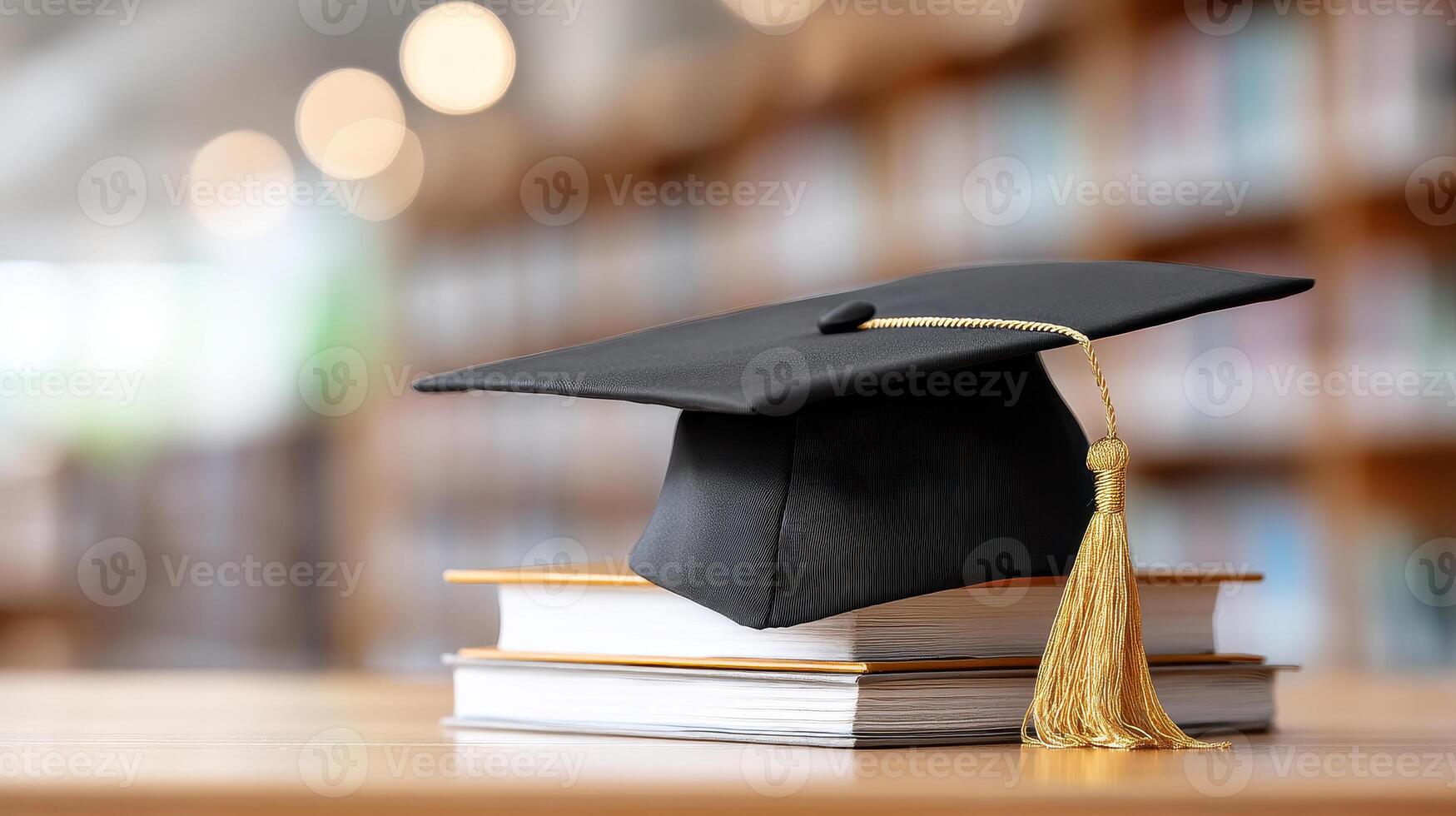 Graduation cap with golden tassel resting on stacked books in bright library setting, symbolizing academic achievement and success photo