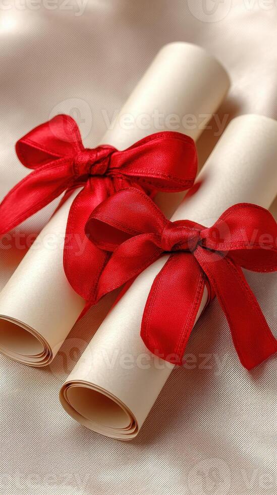 Two elegant diploma scrolls tied with bright red ribbons on soft satin surface, symbolizing achievement and celebration photo