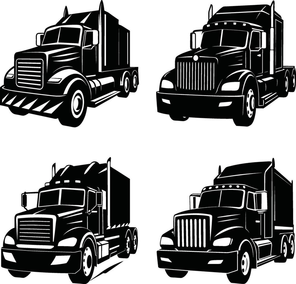 Collection of black and white semi truck illustrations on white background vector