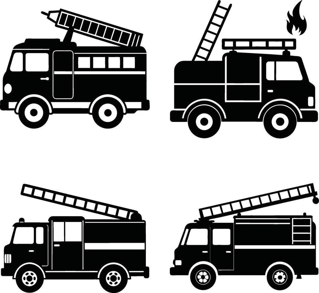 Firetrucks in black and white cartoon style firefighter emergency vehicle illustration vector