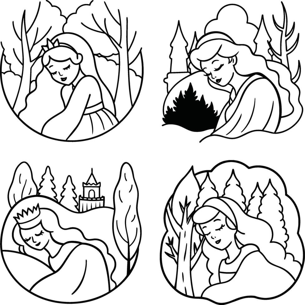Sleeping princess black and white illustrations collection surrounded by nature and castles vector