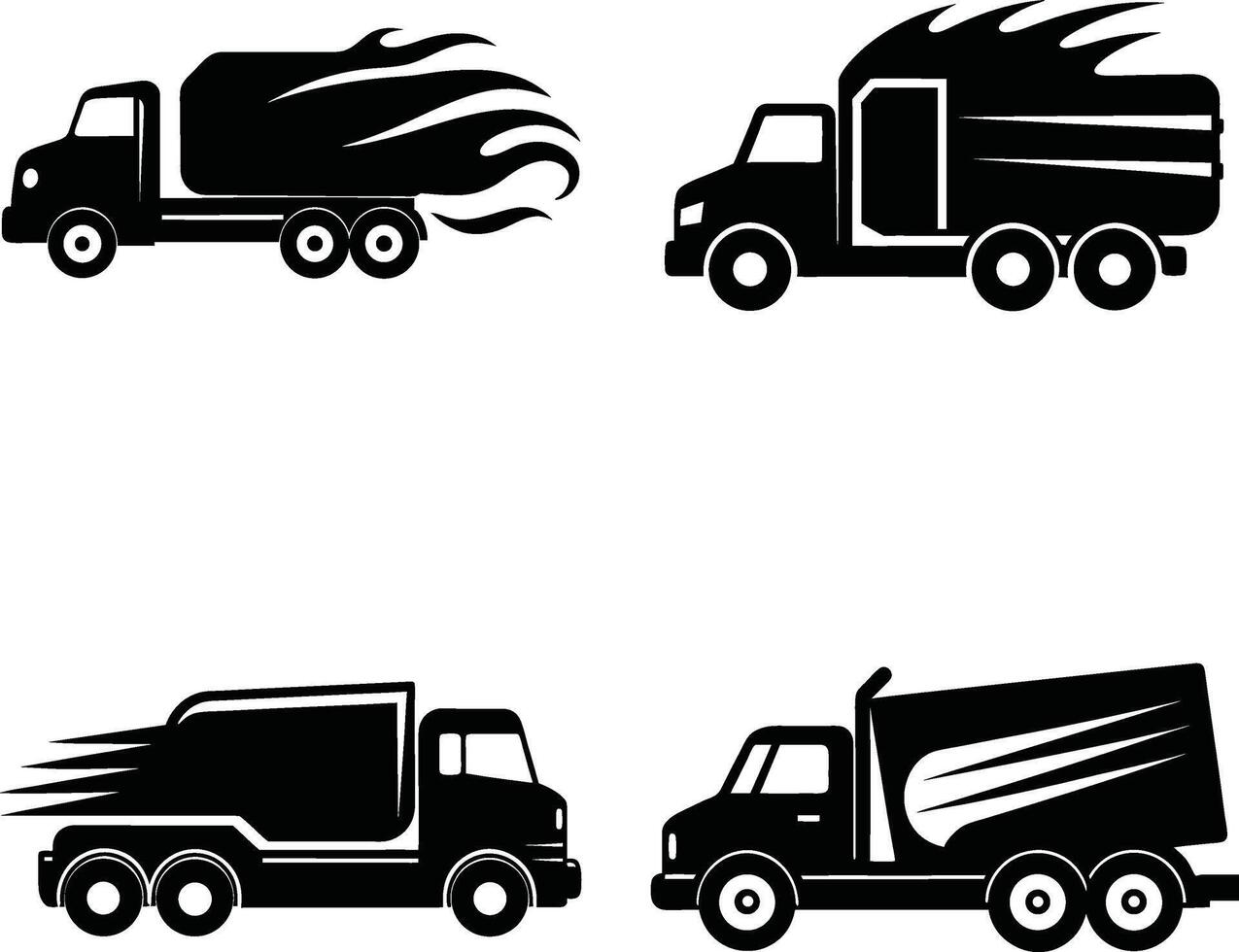 Black and white illustration of delivery trucks with decorative elements set vector