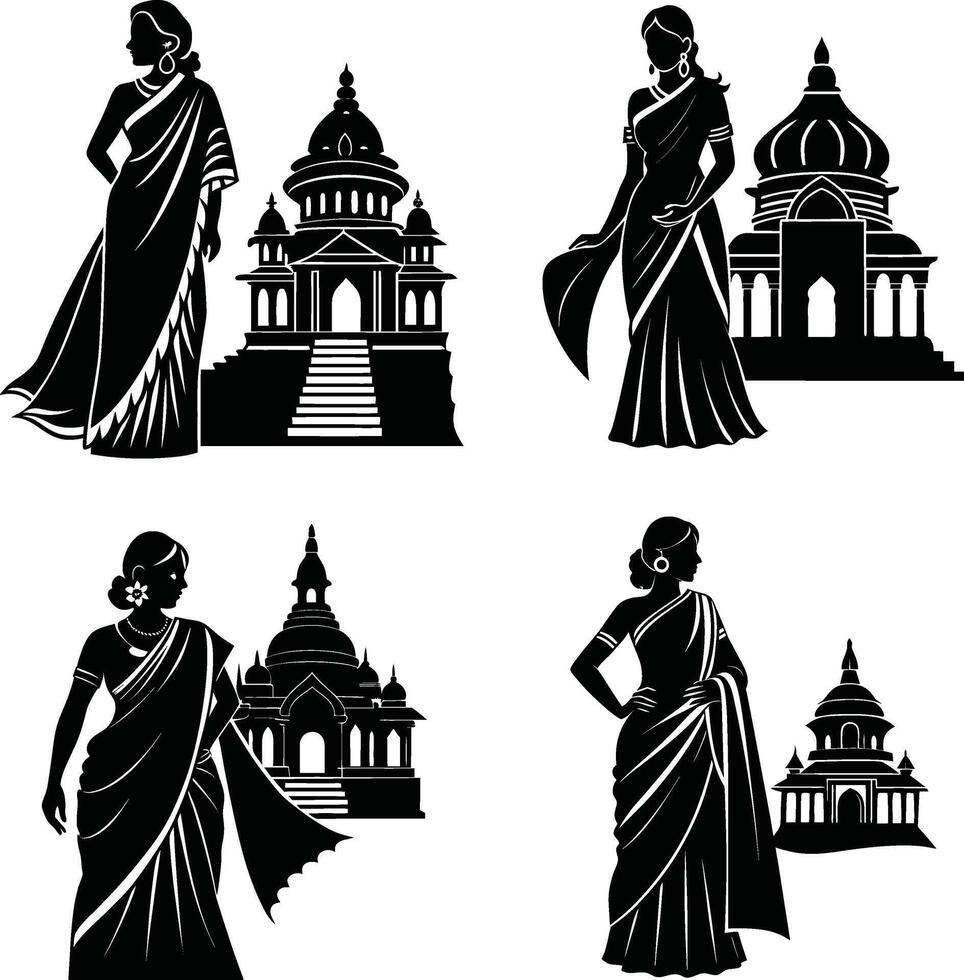 Indian women in sarees and traditional temple architecture silhouettes illustration vector