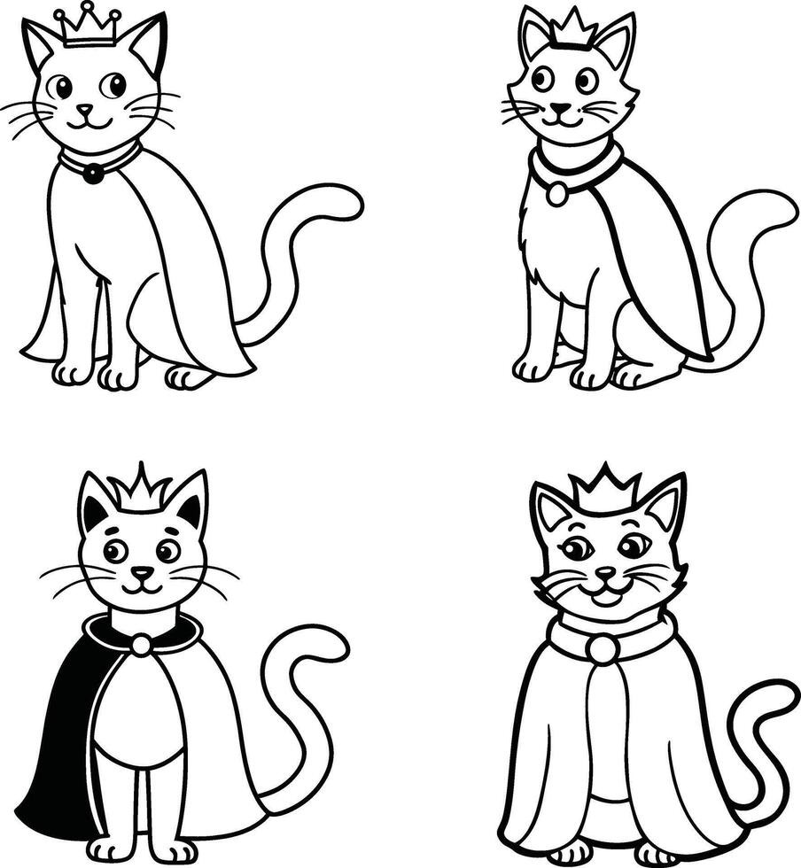 Four outlined cats wearing crowns and capes in cartoon style vector