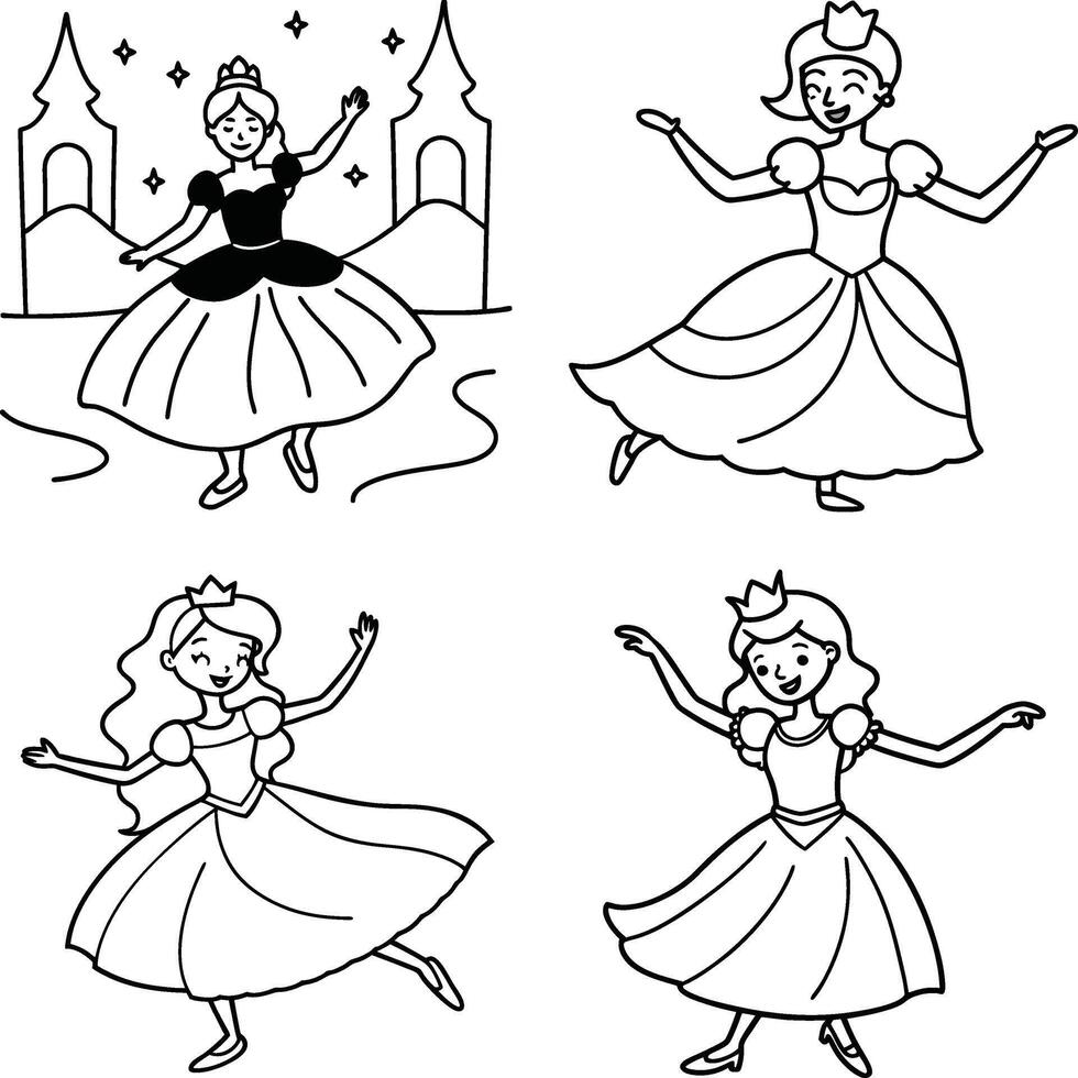 Cartoon princesses dancing in different outlines illustration collection vector