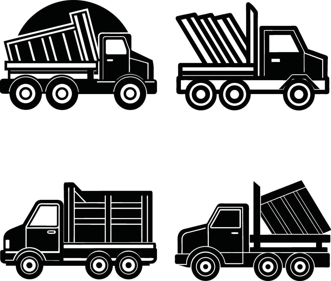 Black and white illustration of four different heavy construction dump trucks vector