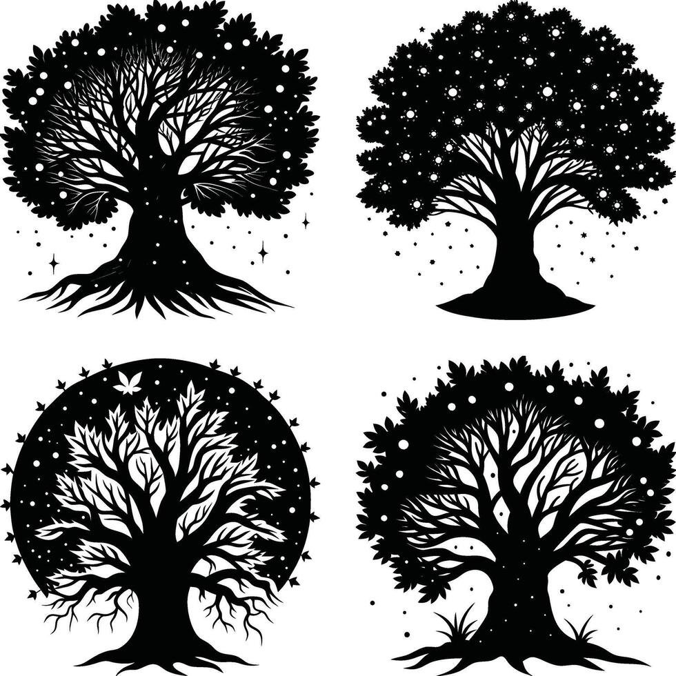 Collection of beautiful black and white tree silhouette designs graphic elements vector