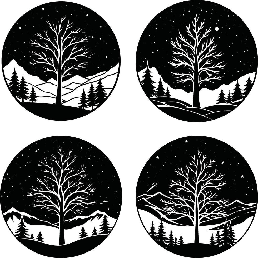Set of four winter landscapes with trees mountains and night sky black and white vector
