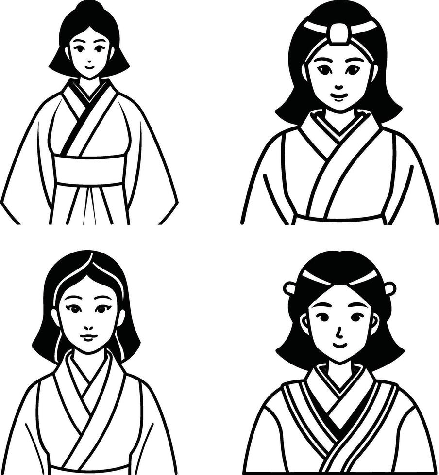 Four asian woman icons black and white line art illustration vector