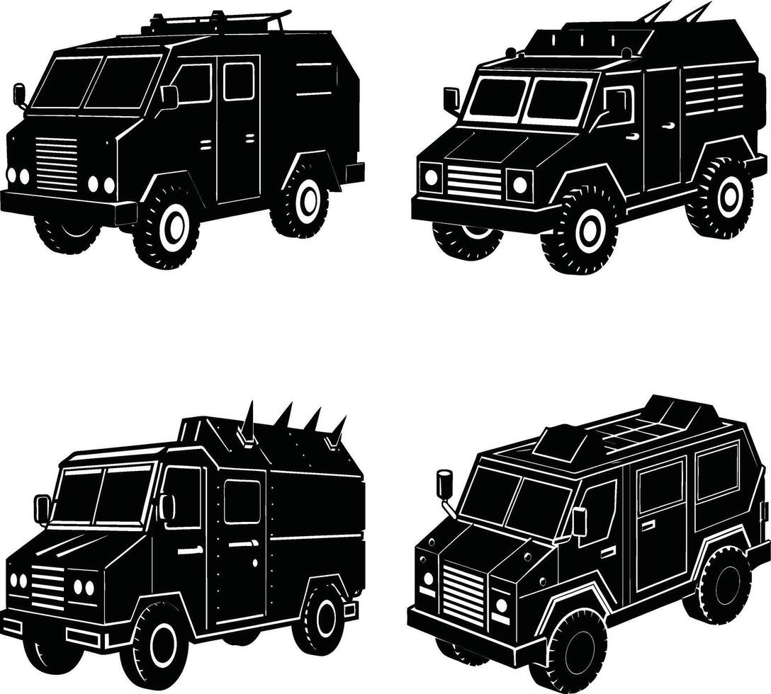 Armored truck illustration set in silhouette style heavy military vehicles vector