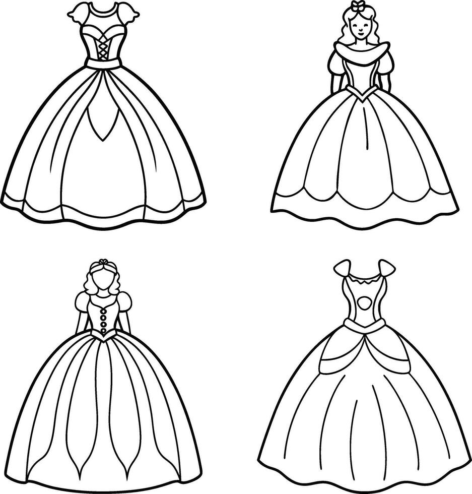 Collection of outlined ball gowns suitable for coloring book pages vector