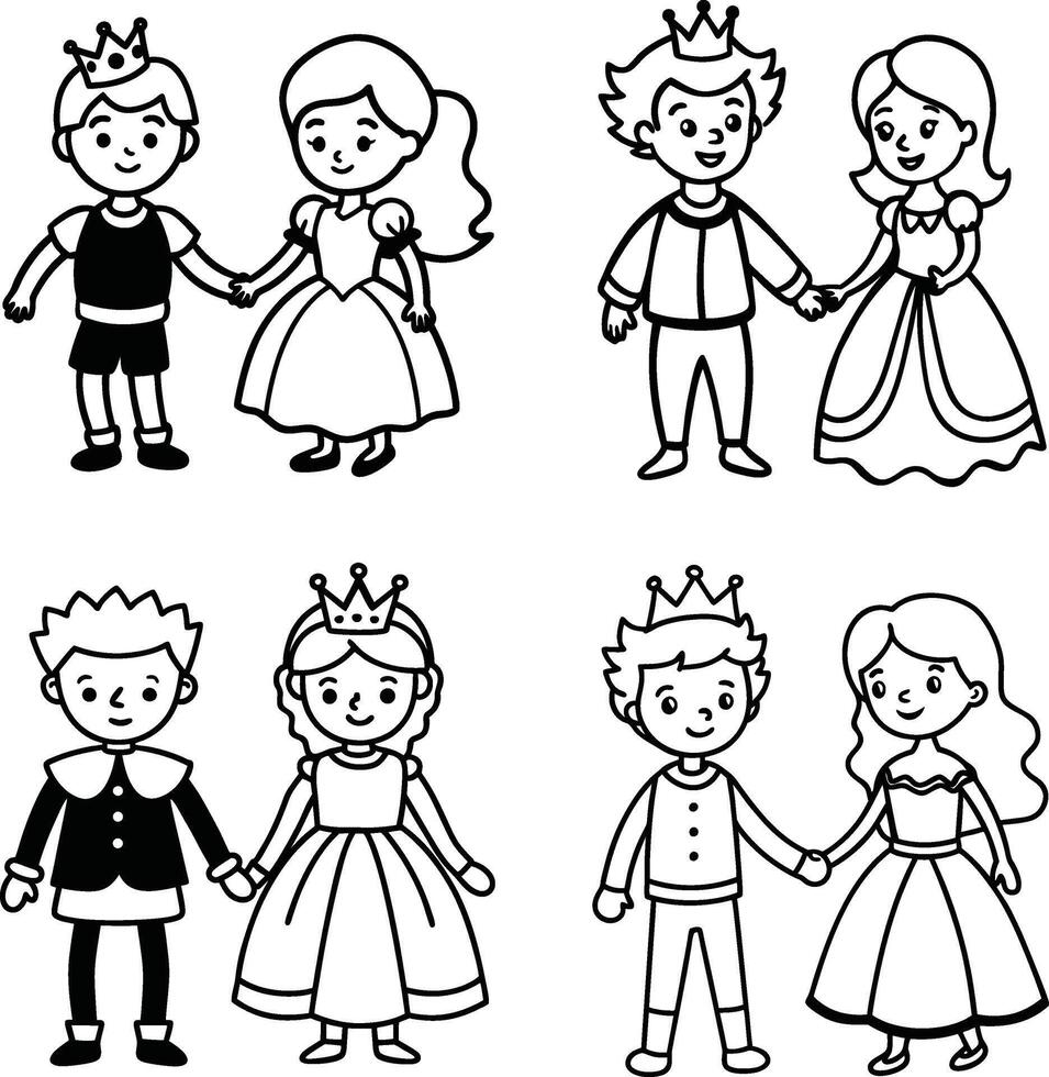 Cute cartoon princes and princesses holding hands line art illustration vector