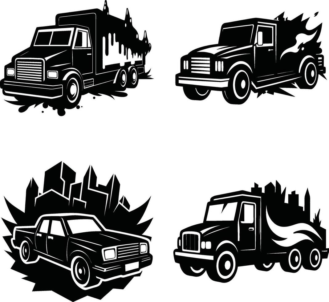 Four black and white automotive illustrations featuring trucks and a car vector