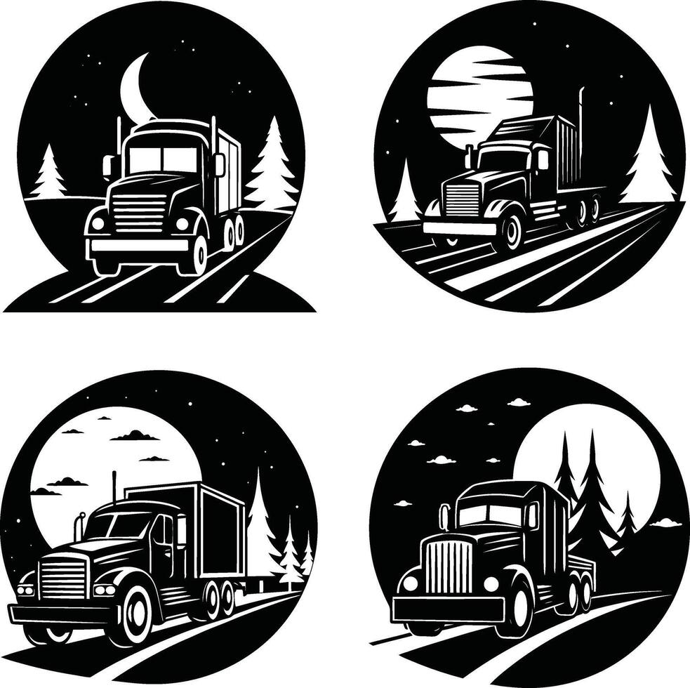 Black and white truck illustration set with moon and trees circle design vector