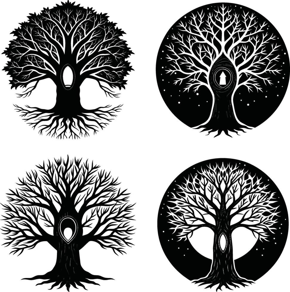 Four black and white graphic illustrations of mystical trees with shapes on their trunks vector