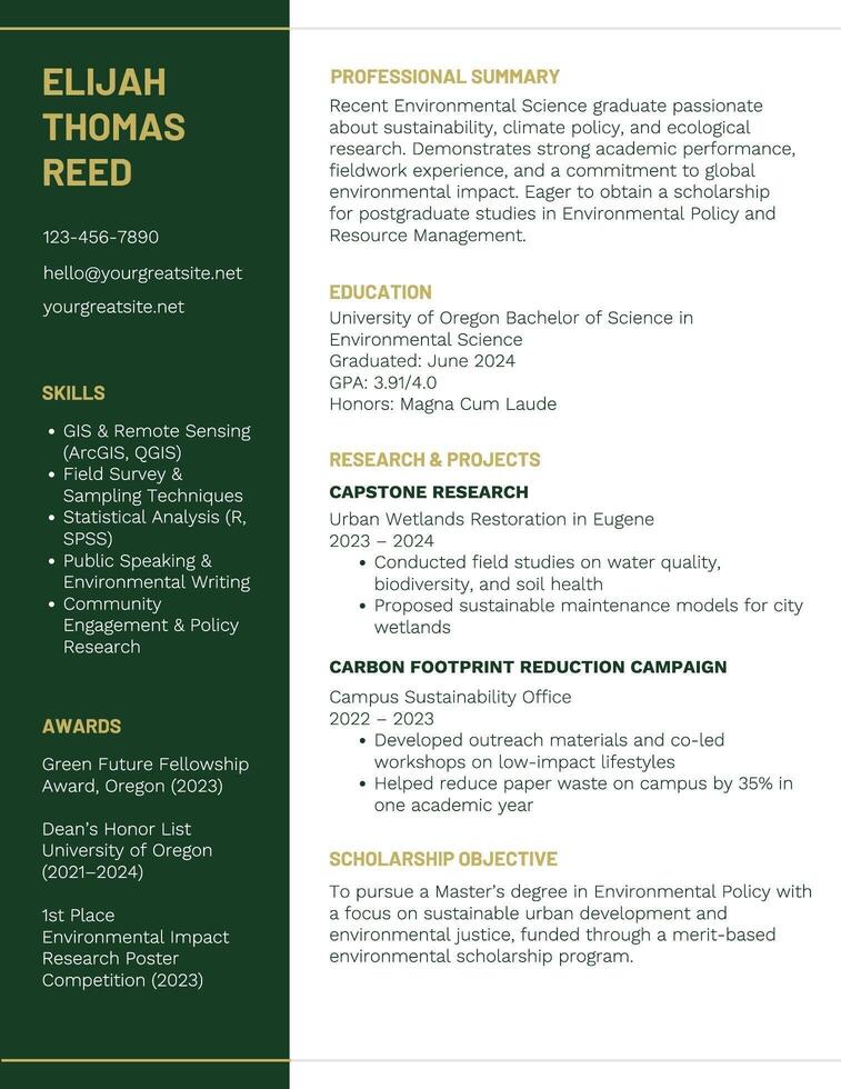 Fresh Graduates Scholarship Resume for Environmental Science template