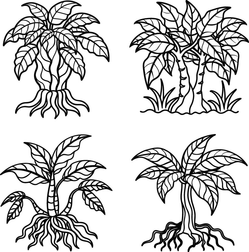 Illustration set of stylized tropical trees in black and white vector