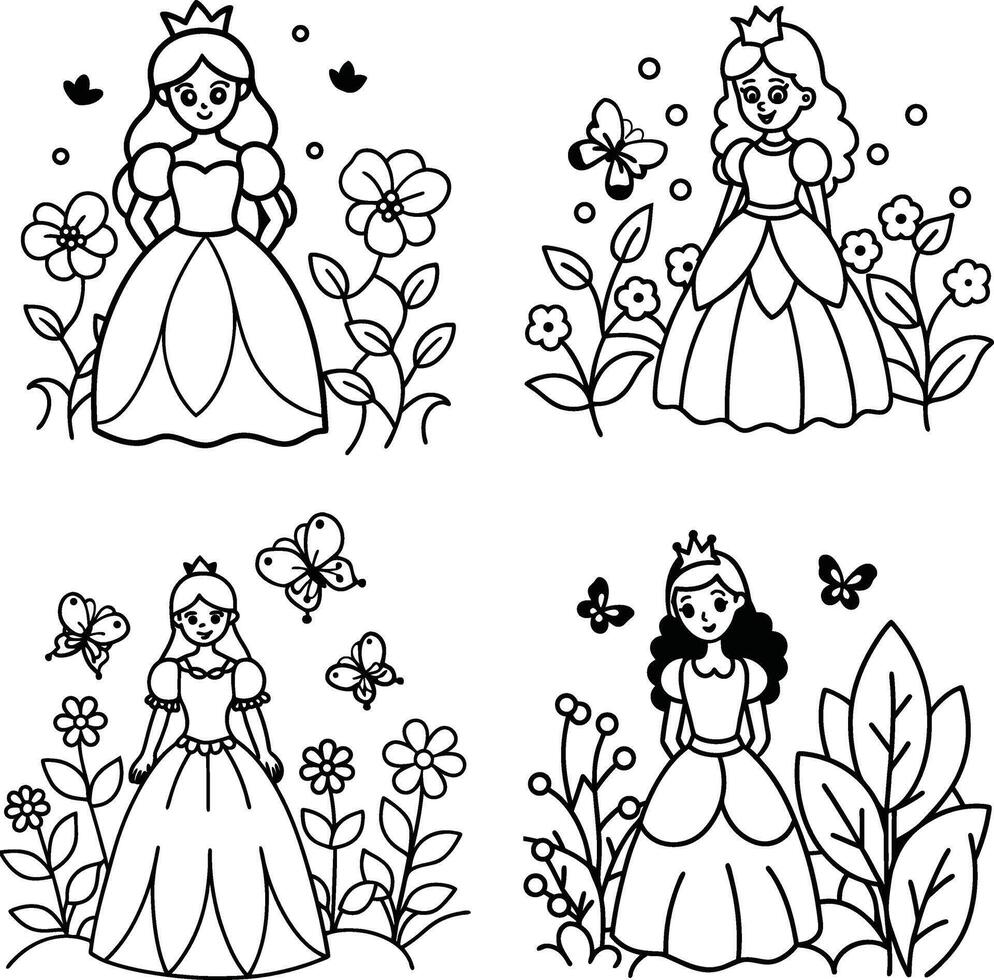 Princess illustration set with butterflies and flowers black and white coloring page vector