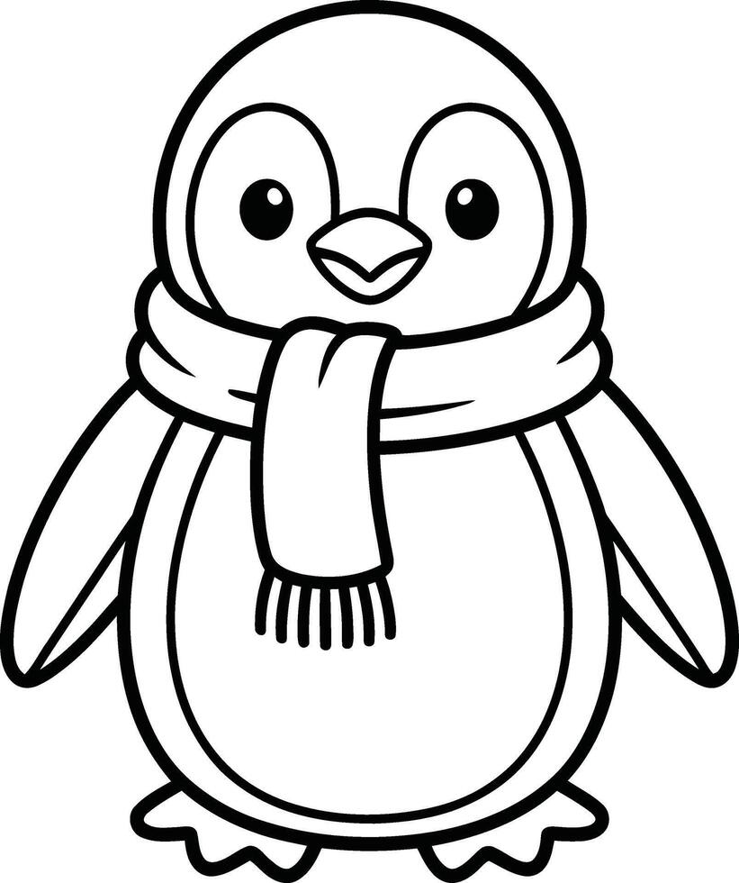 Cute cartoon penguin wearing a scarf black and white outline illustration vector