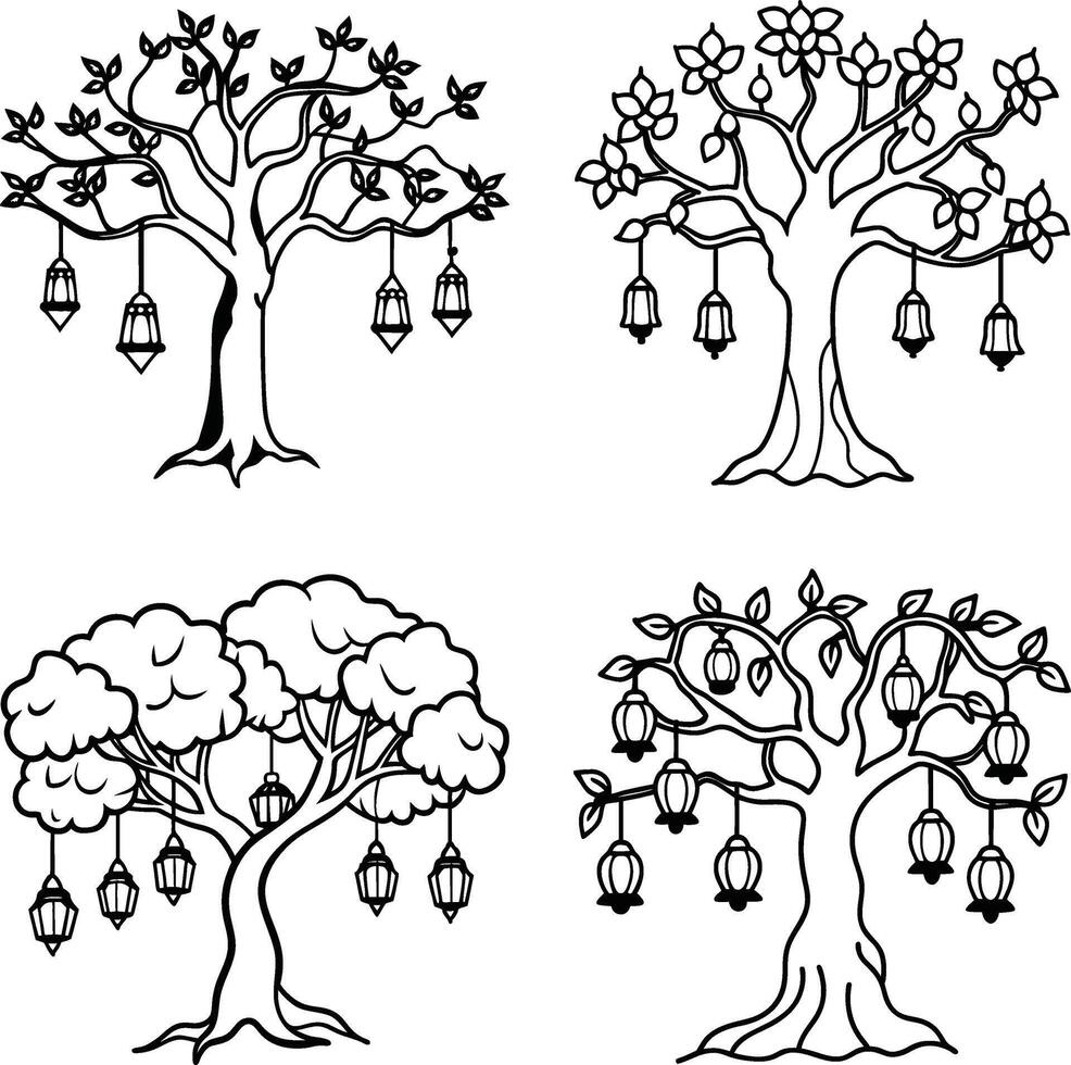 Decorative black and white trees with lanterns hanging from the branches art vector