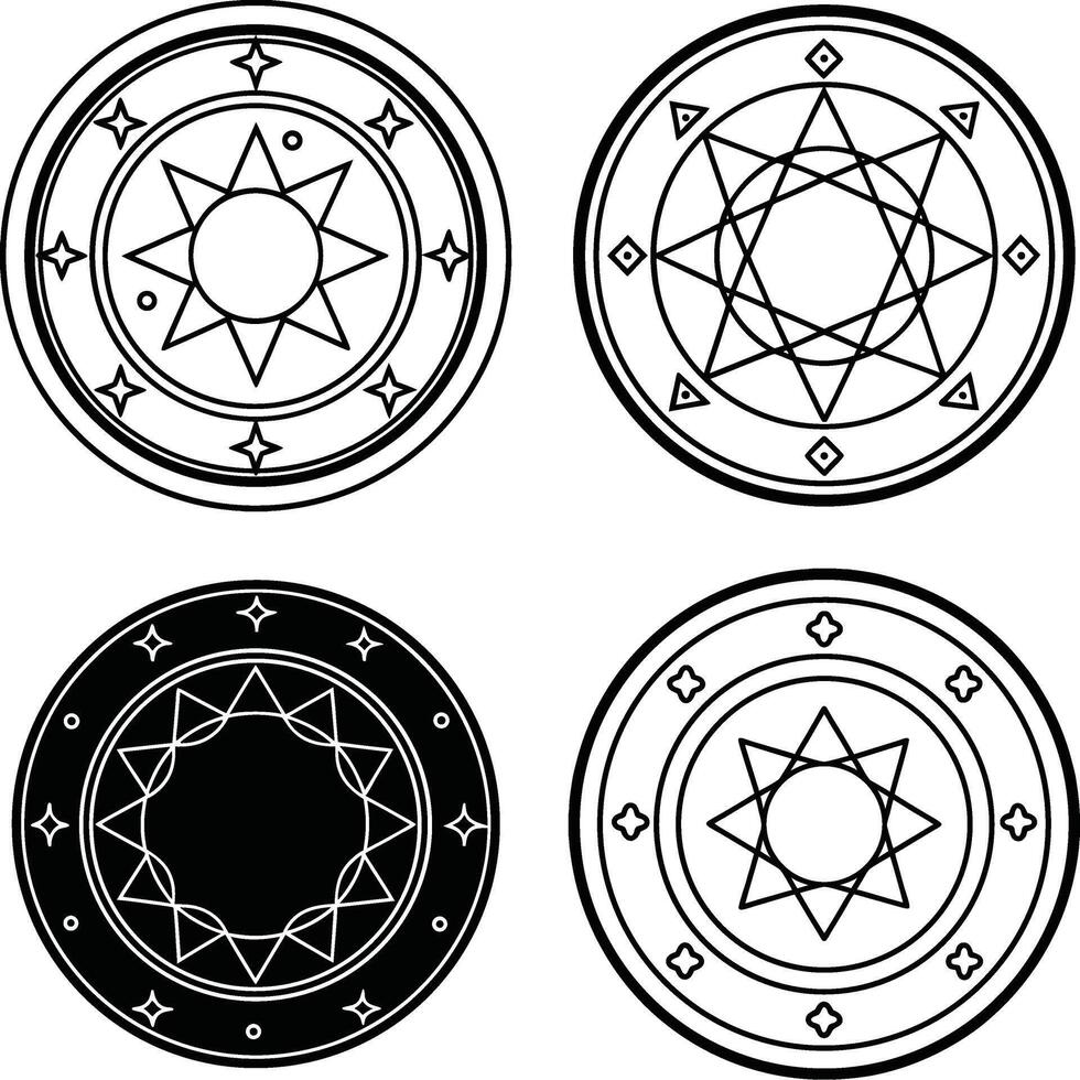 Set of four ornamental round designs with geometric shapes in black and white vector