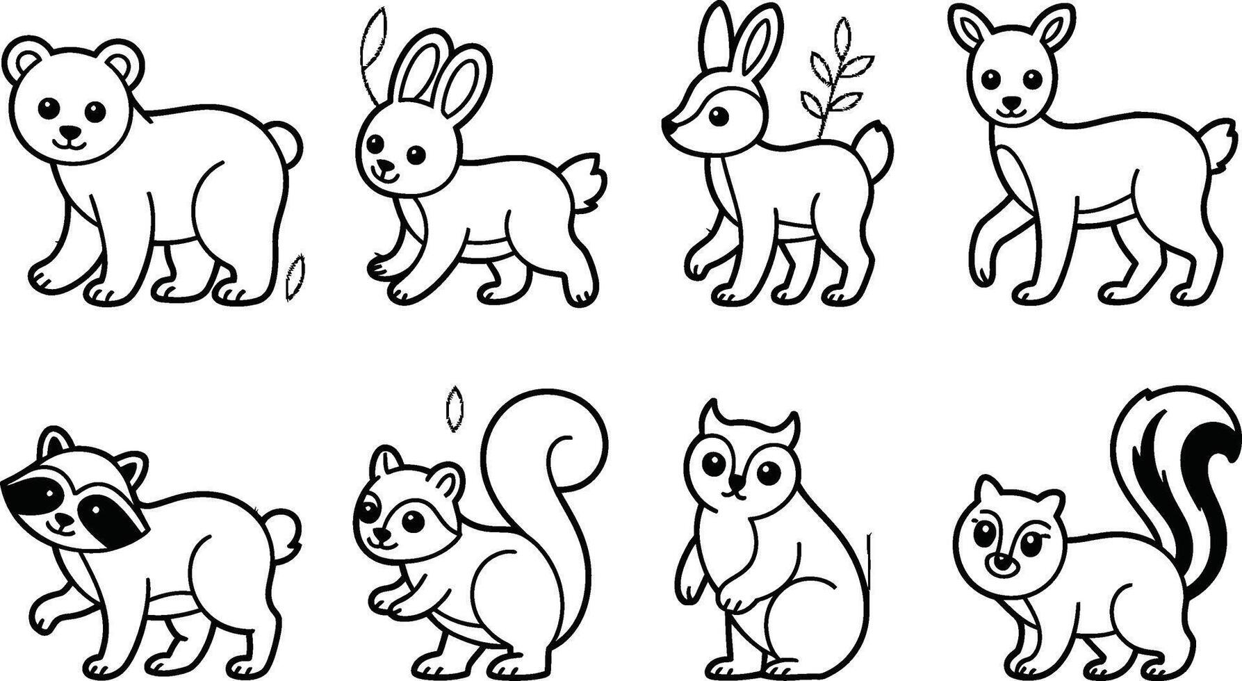 Cute forest animals outline cartoon collection illustration for coloring pages or educational resources vector