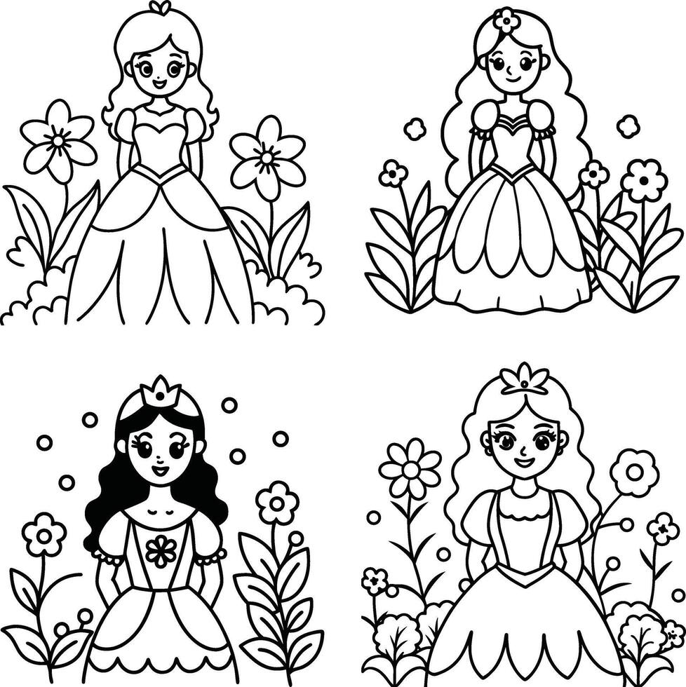 Cute princesses characters with floral elements outline for coloring or educational activities vector