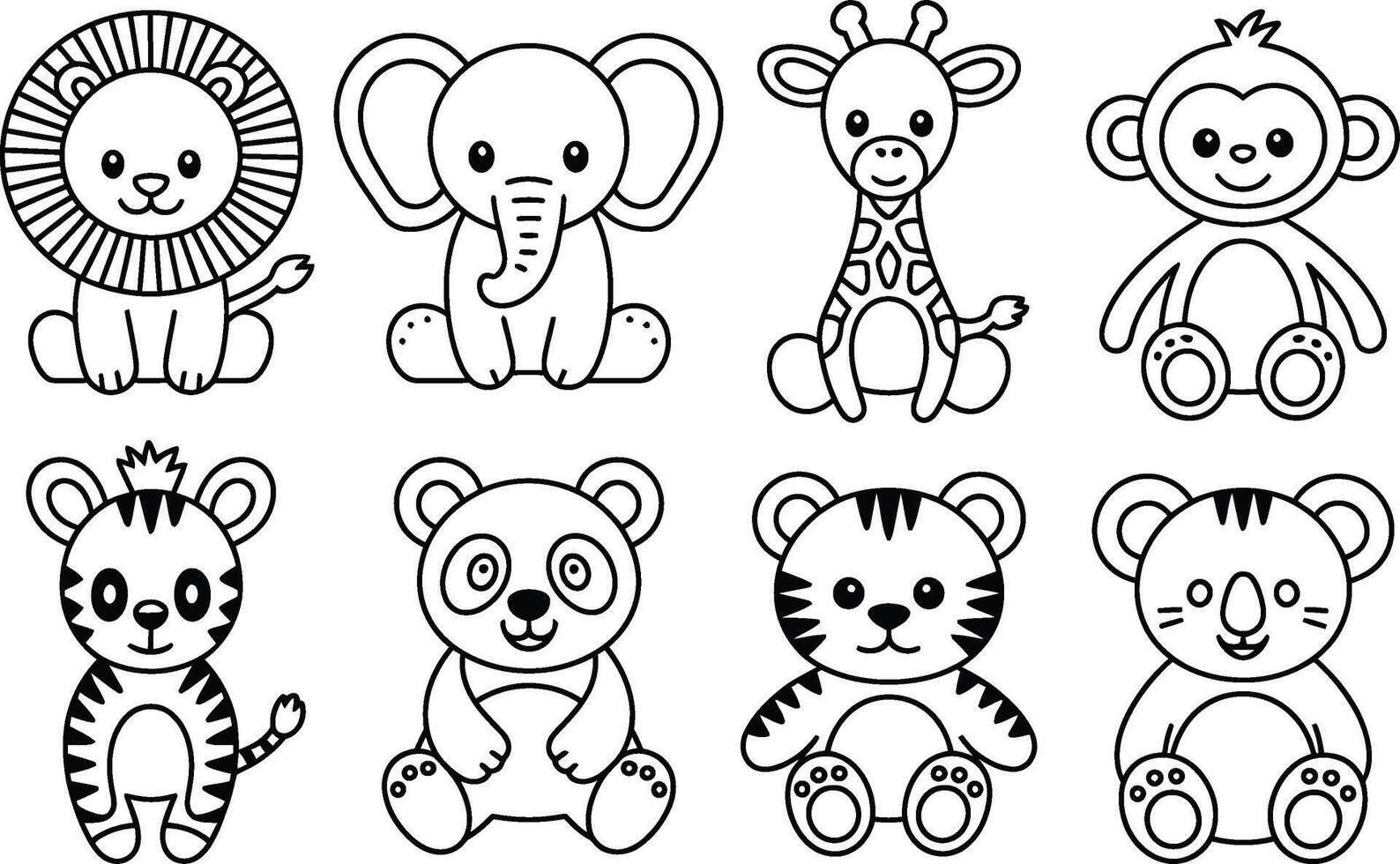 Cute cartoon animal collection lion elephant giraffe monkey panda tiger koala vector