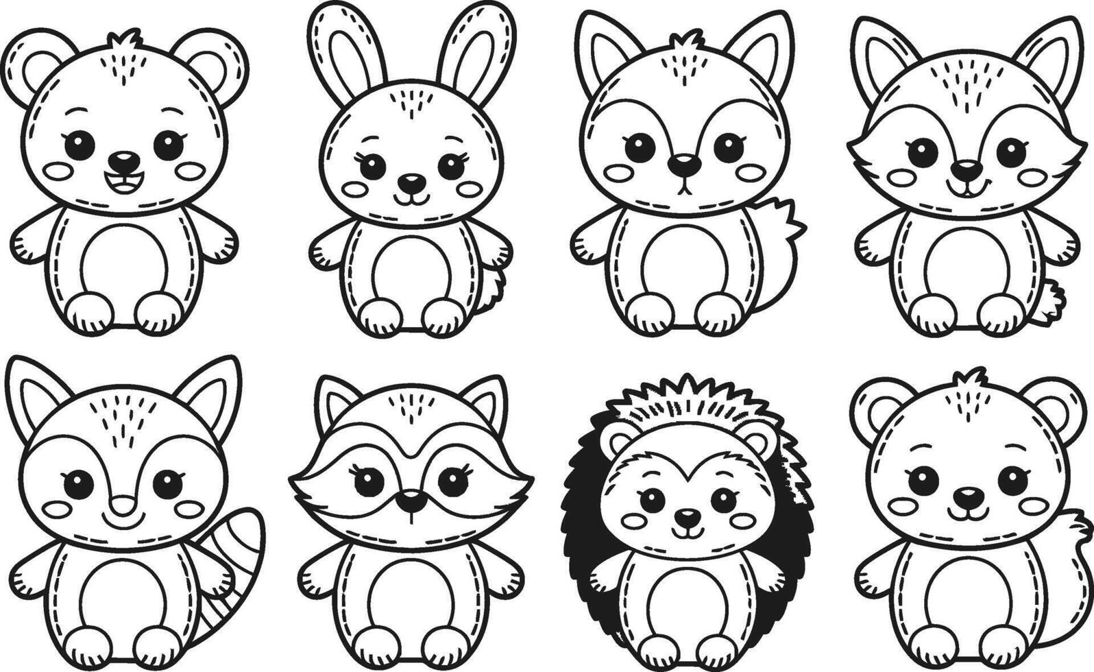 Cute forest animals outline set bear rabbit fox raccoon hedgehog coloring book vector