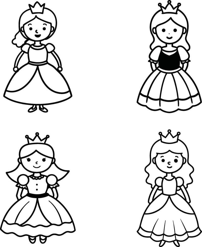 Collection of cute princess cartoon characters in outline style for coloring book vector