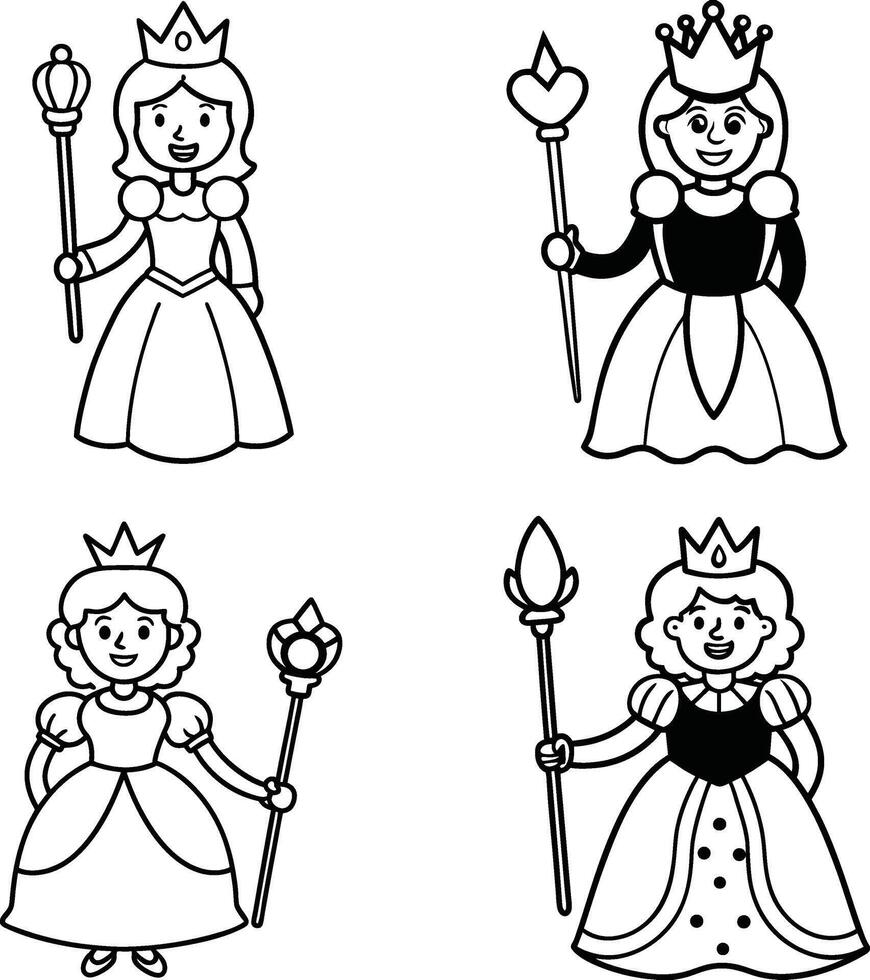 Collection of four cartoon princess characters outlined in black and white vector