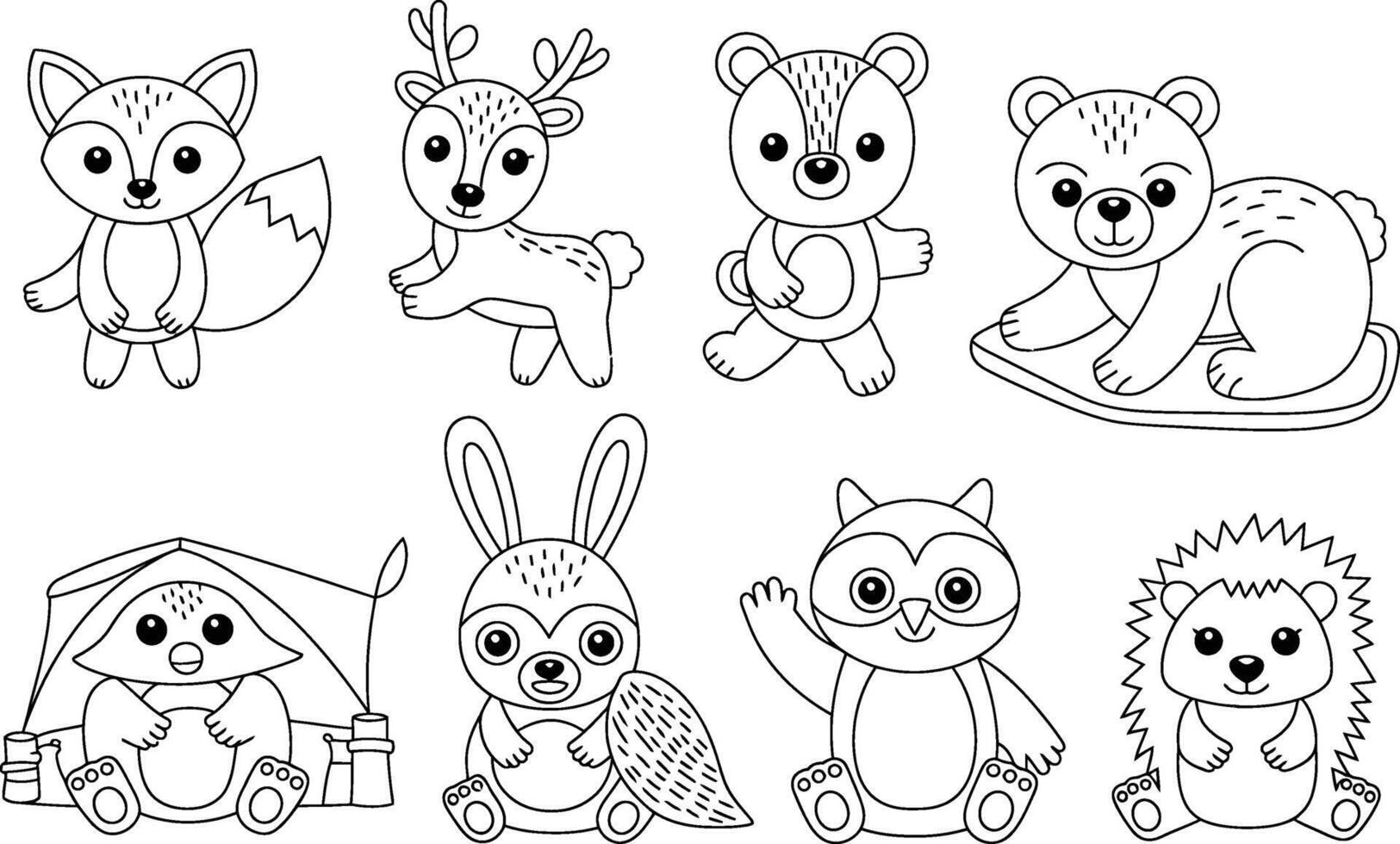Collection of cute forest animals in outline style for coloring book vector
