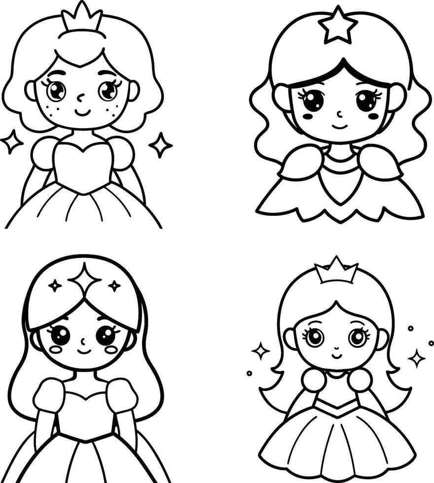 Cute princesses set outlined illustration for coloring book pages vector