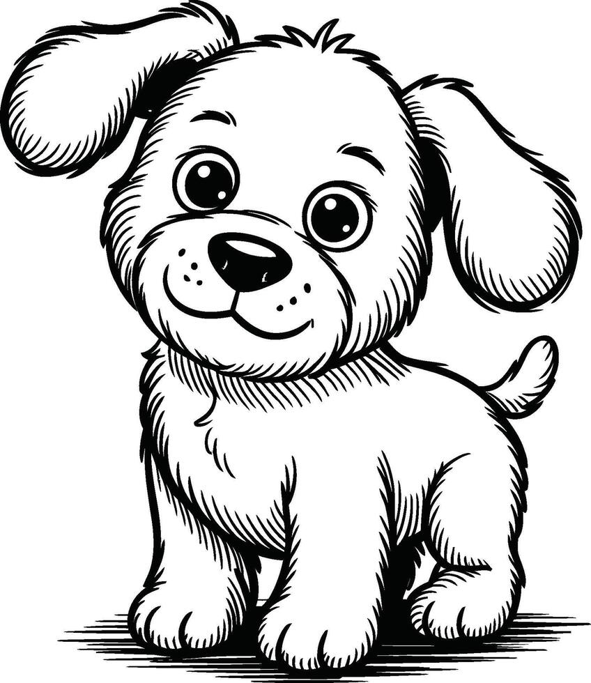 Charming cartoon puppy illustration with playful design in black and white vector