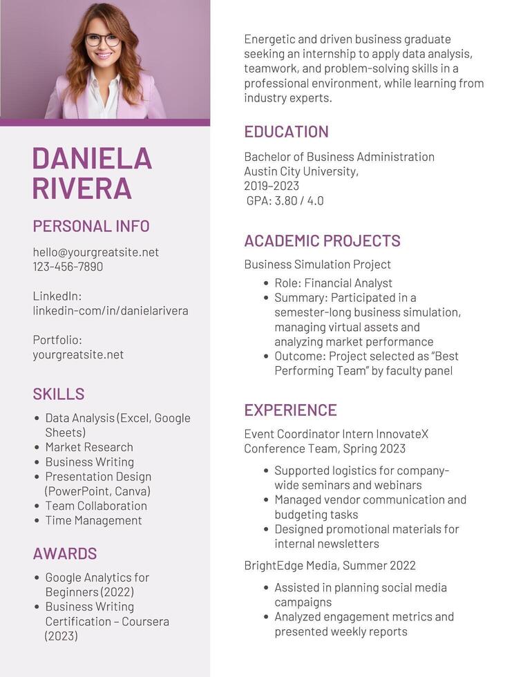 Fresh Graduate Internship Business Administration Resume template