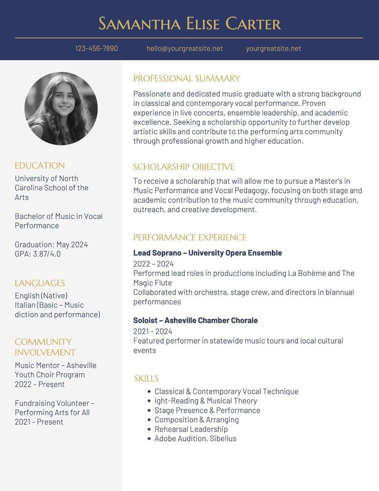 Fresh Graduate Scholarship Resume for Music & Performing Arts template