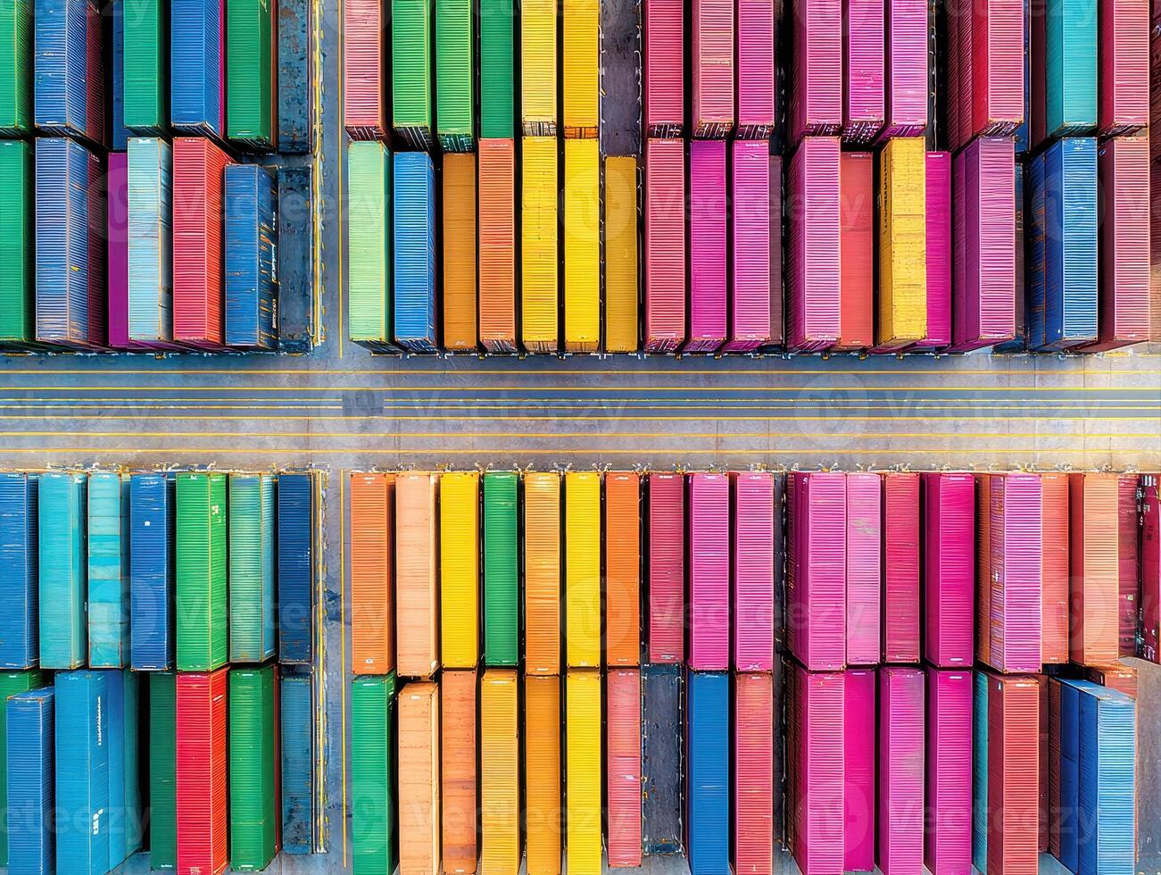 Colorful shipping container stacked in port with road between for import export and tariffs control photo