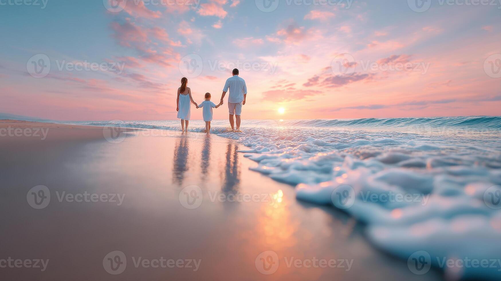 Family enjoys peaceful summer walk on beach at sunset with gentle waves and colorful sky creating warm and joyful atmosphere photo